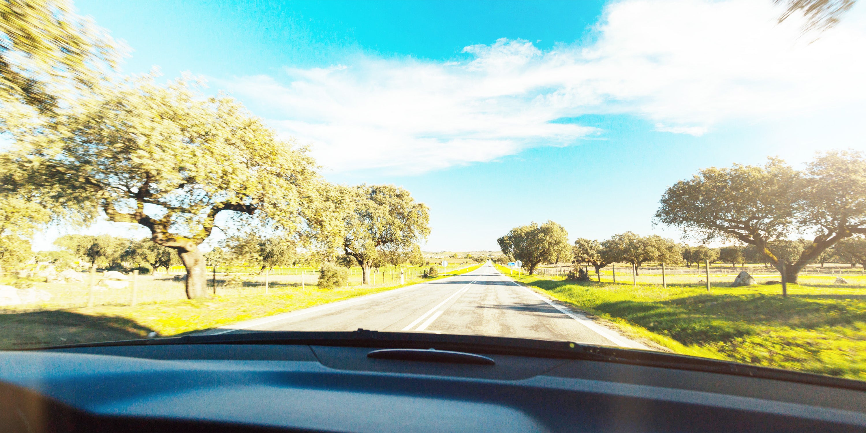 Road trip view from inside a car with trees and blue sky.