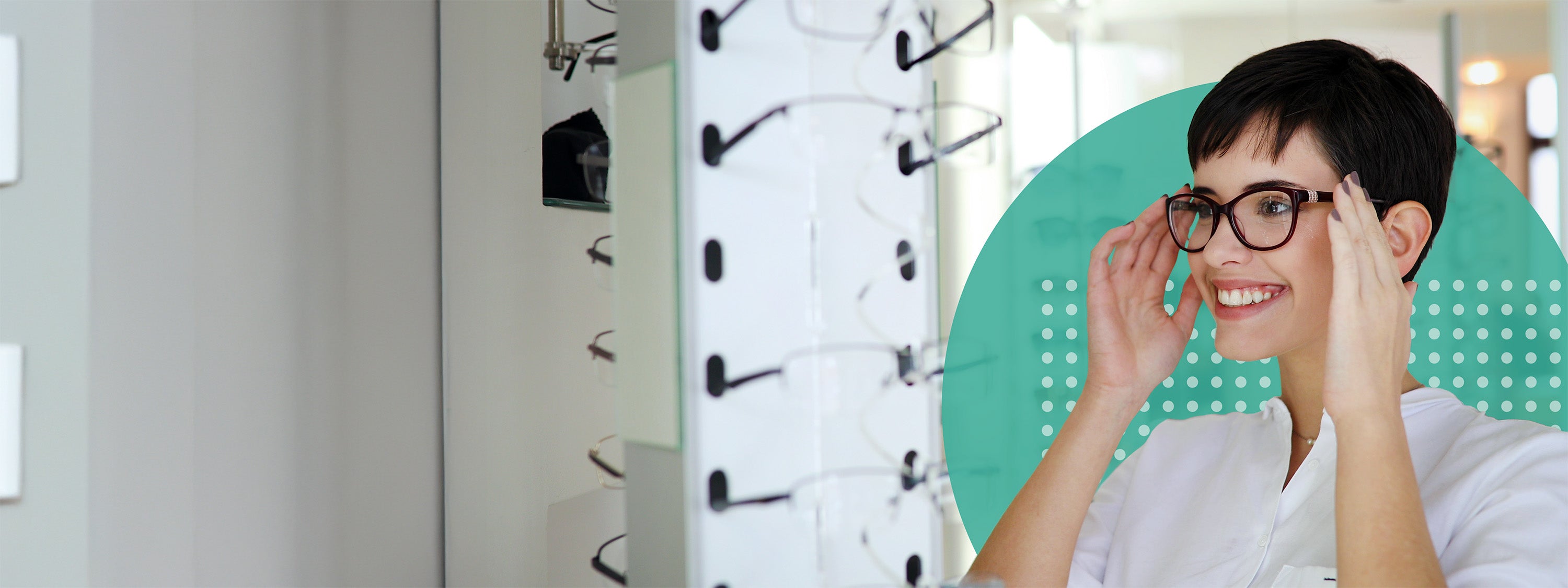 Person trying on glasses in an optometry setting with shelves and a green circle overlay.