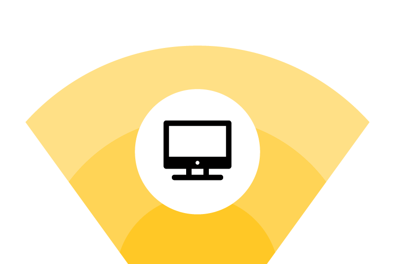 Yellow icon with a white circle containing a black computer monitor on a blue background