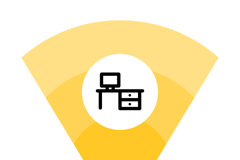 Yellow fan-shaped icon with a white center featuring a black desk and computer monitor on a blue background
