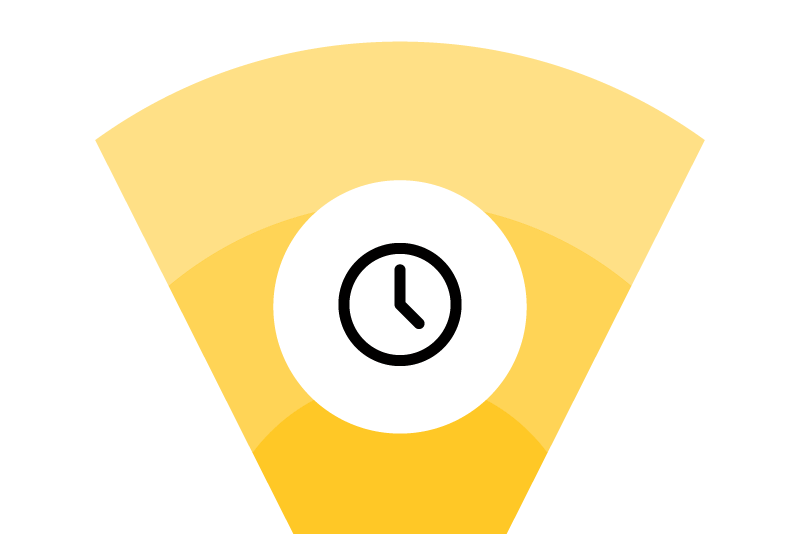 Yellow fan-shaped object with a white circle and black clock symbol on a gray background