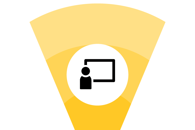 Yellow triangular icon with a white circle containing a black icon of a person and screen on a gray background