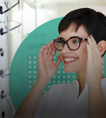 Person trying on glasses with a teal circle in the background